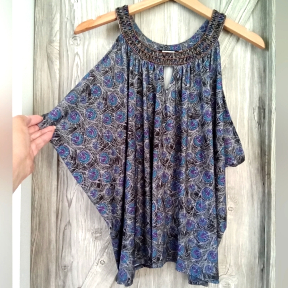 Attitude Beaded Peacock Draped Tank Top L